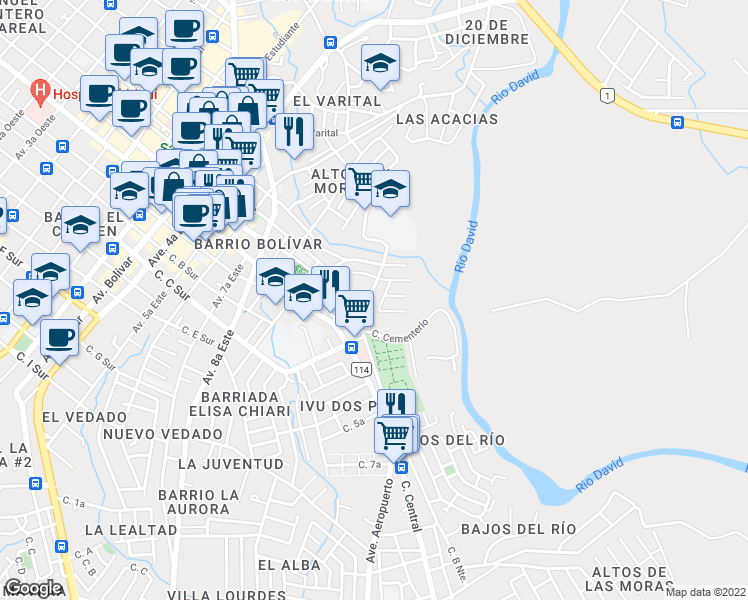 map of restaurants, bars, coffee shops, grocery stores, and more near Ave. Morazan in David