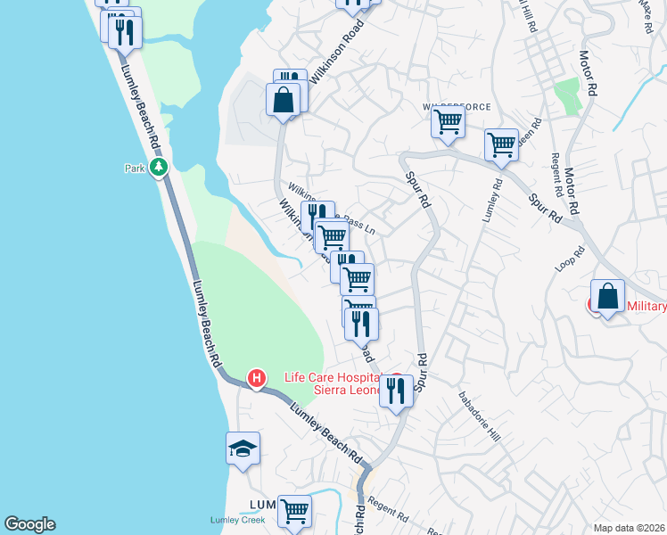 map of restaurants, bars, coffee shops, grocery stores, and more near 133 Wilkinson Road in Freetown