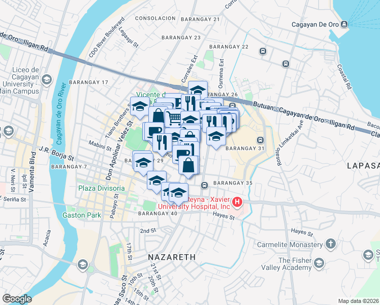 map of restaurants, bars, coffee shops, grocery stores, and more near Capt. Vicente Roa Street in Cagayan de Oro