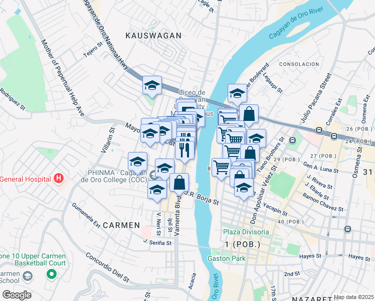 map of restaurants, bars, coffee shops, grocery stores, and more near Vamenta Boulevard in Cagayan de Oro