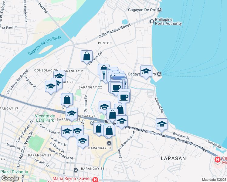 map of restaurants, bars, coffee shops, grocery stores, and more near Gaabucayan Street in Cagayan de Oro