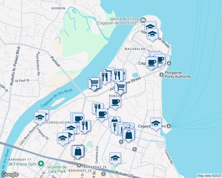 map of restaurants, bars, coffee shops, grocery stores, and more near Julio Pacana Street in Cagayan de Oro