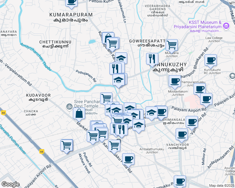 map of restaurants, bars, coffee shops, grocery stores, and more near Kannammoola Palam Rd in Thiruvananthapuram