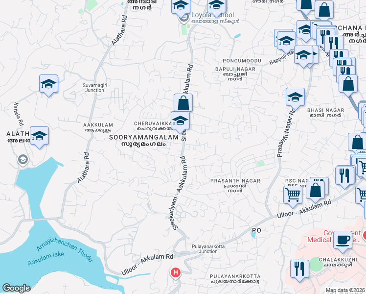 map of restaurants, bars, coffee shops, grocery stores, and more near Sreekariyam Akkulam Road in Thiruvananthapuram