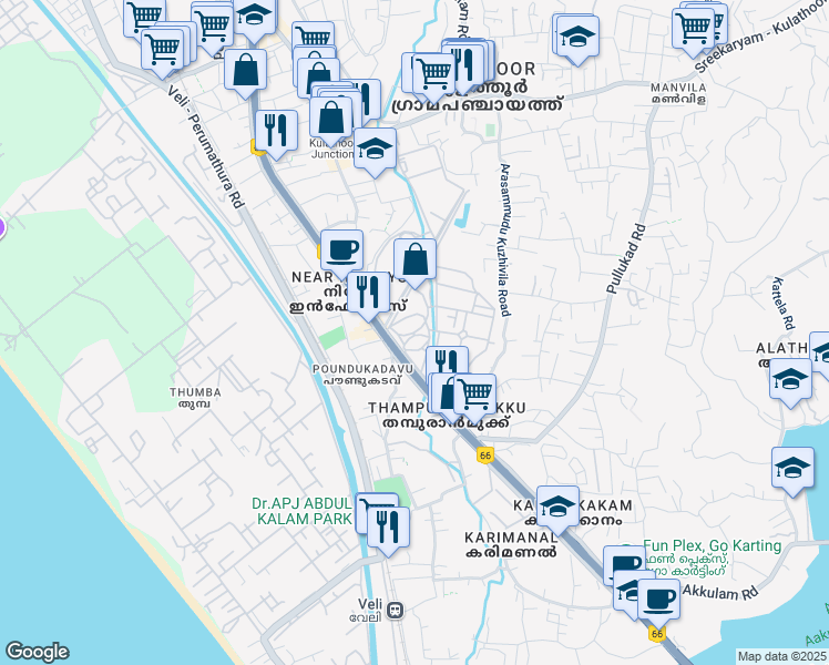 map of restaurants, bars, coffee shops, grocery stores, and more near in Thiruvananthapuram