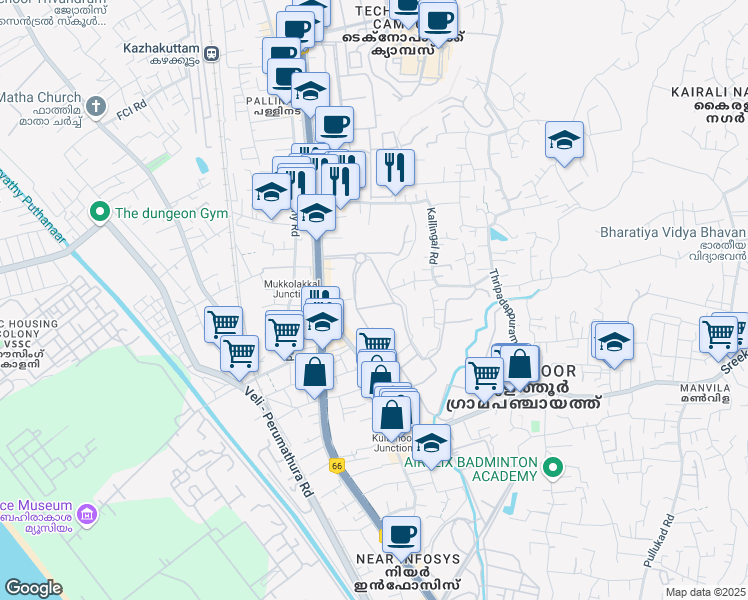 map of restaurants, bars, coffee shops, grocery stores, and more near Main Road in Attingal