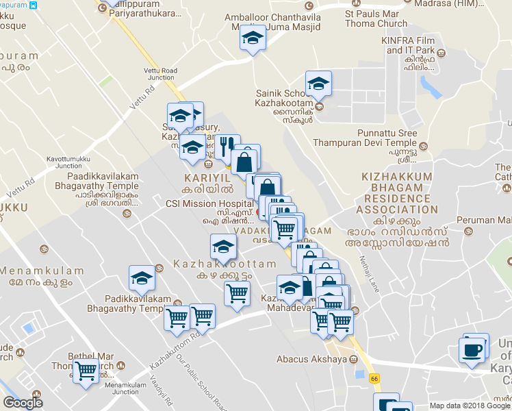 map of restaurants, bars, coffee shops, grocery stores, and more near NH 544 in Thiruvananthapuram