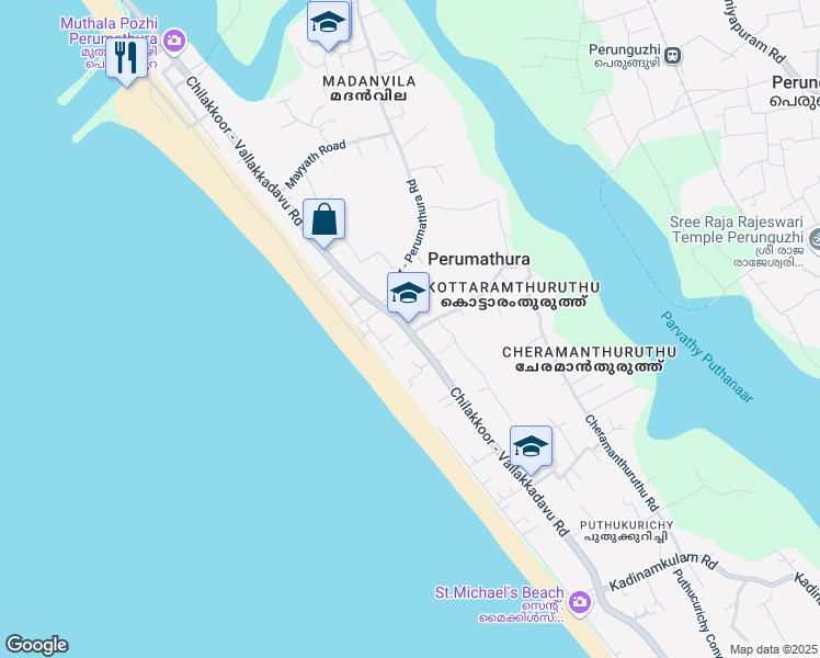 map of restaurants, bars, coffee shops, grocery stores, and more near Veli - Perumathura Road in Thiruvananthapuram