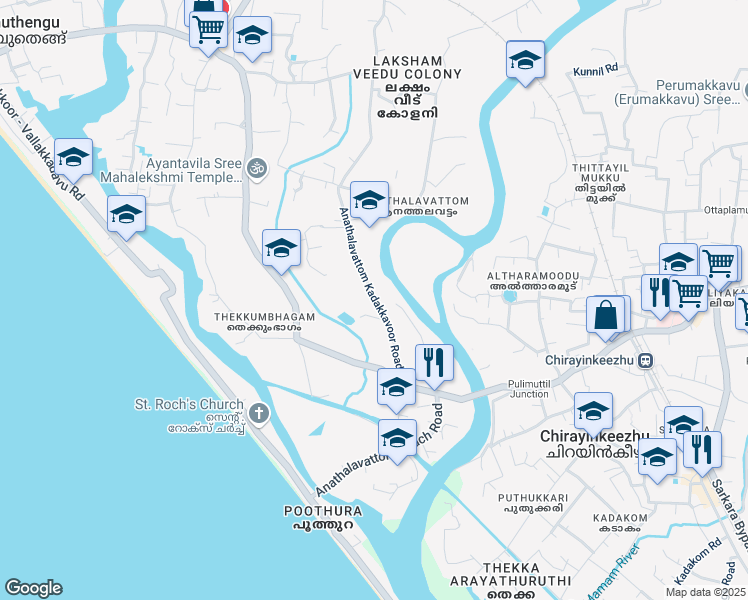 map of restaurants, bars, coffee shops, grocery stores, and more near Anathalavattom Kadakkavoor Road in Chirayinkeezhu