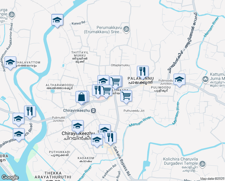 map of restaurants, bars, coffee shops, grocery stores, and more near Puravoor Erumakkavu Road in Chirayinkeezhu