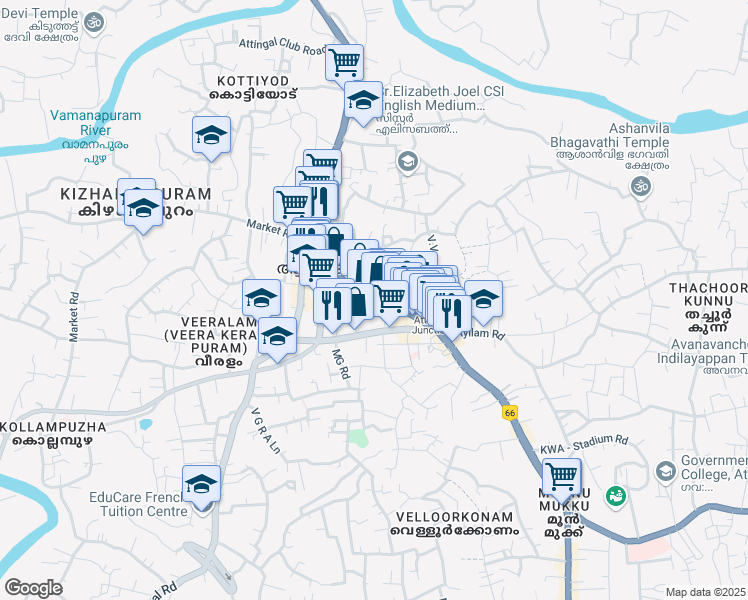 map of restaurants, bars, coffee shops, grocery stores, and more near Main Road in Attingal