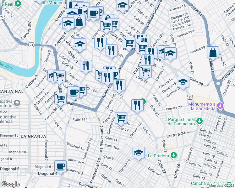 map of restaurants, bars, coffee shops, grocery stores, and more near 232-23100 Carrera 10 in Monteria