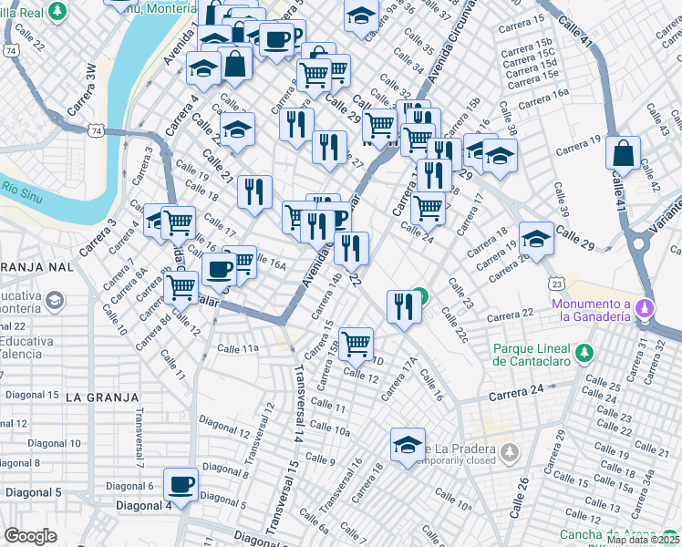 map of restaurants, bars, coffee shops, grocery stores, and more near in Montería