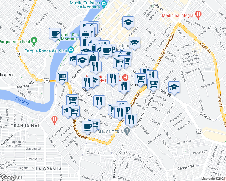 map of restaurants, bars, coffee shops, grocery stores, and more near 232-23100 Carrera 10 in Monteria