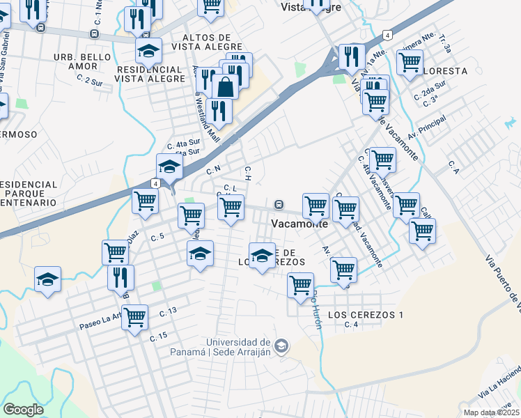 map of restaurants, bars, coffee shops, grocery stores, and more near Calle Principal de Vacamonte in Nuevo Arraiján
