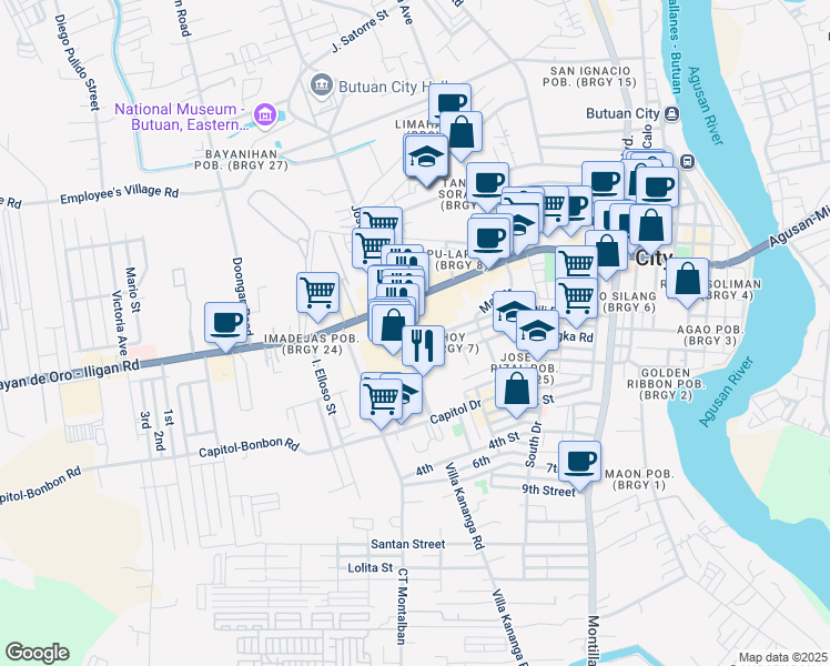 map of restaurants, bars, coffee shops, grocery stores, and more near T. Claudio Street in Butuan City