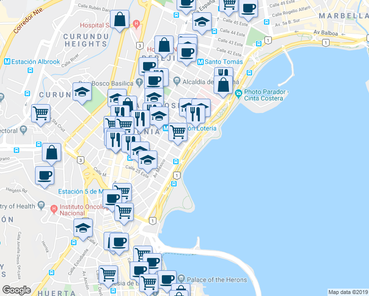 map of restaurants, bars, coffee shops, grocery stores, and more near Avenida Balboa in Panama