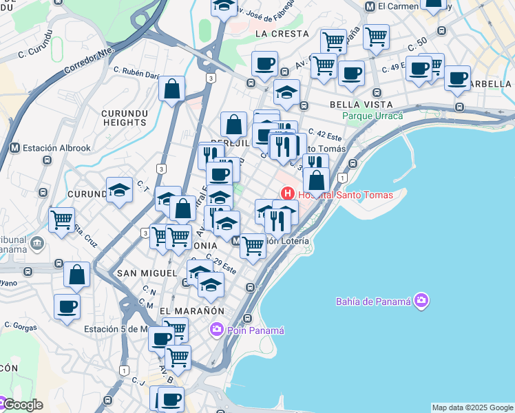 map of restaurants, bars, coffee shops, grocery stores, and more near Justo Arosemena Avenue in Panama