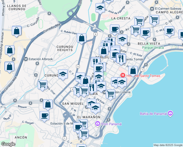 map of restaurants, bars, coffee shops, grocery stores, and more near Avenida Central España in Panamá