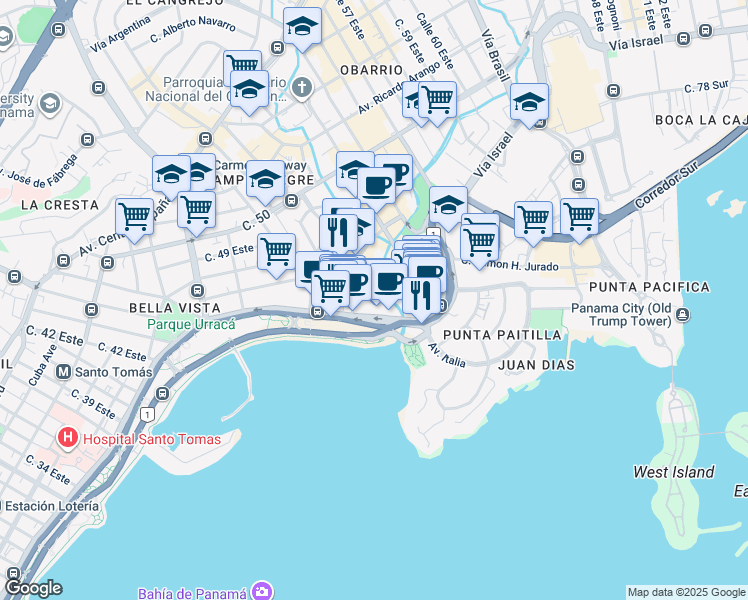 map of restaurants, bars, coffee shops, grocery stores, and more near Avenida Balboa in Panamá