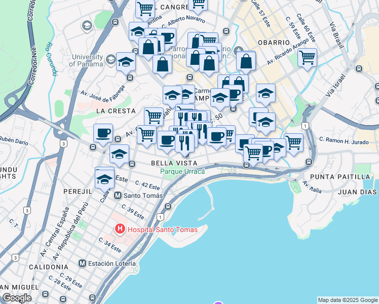 map of restaurants, bars, coffee shops, grocery stores, and more near in Panama City