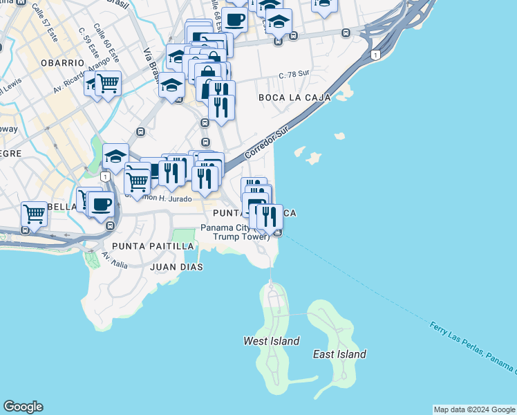 map of restaurants, bars, coffee shops, grocery stores, and more near 22546 Calle Punta Chiriquí in Panamá