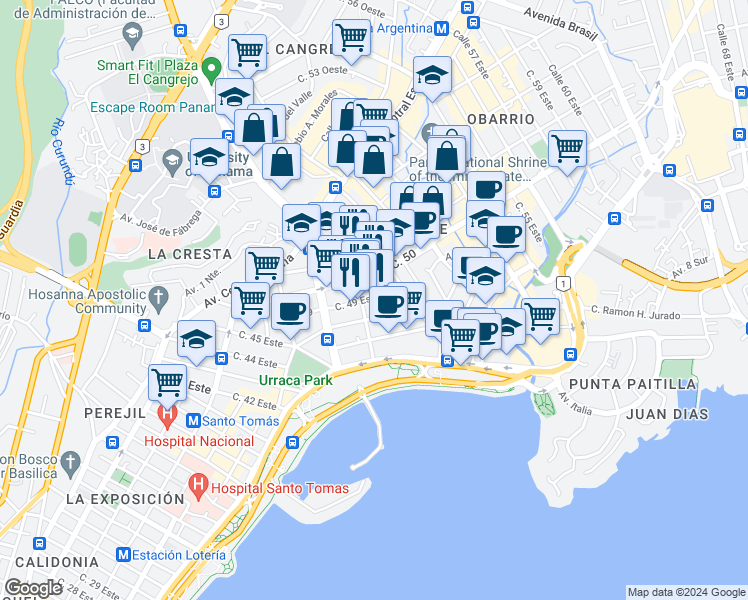 map of restaurants, bars, coffee shops, grocery stores, and more near 4528 Calle 49 Este in Panamá