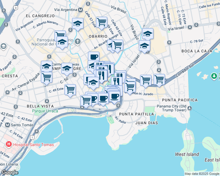 map of restaurants, bars, coffee shops, grocery stores, and more near Calle 53 Este in Panamá