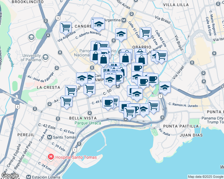 map of restaurants, bars, coffee shops, grocery stores, and more near in Panamá