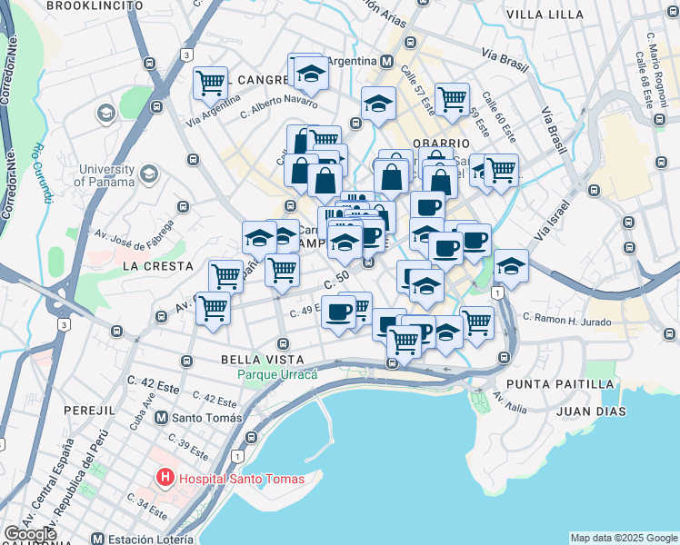 map of restaurants, bars, coffee shops, grocery stores, and more near Calle 50 in Panamá