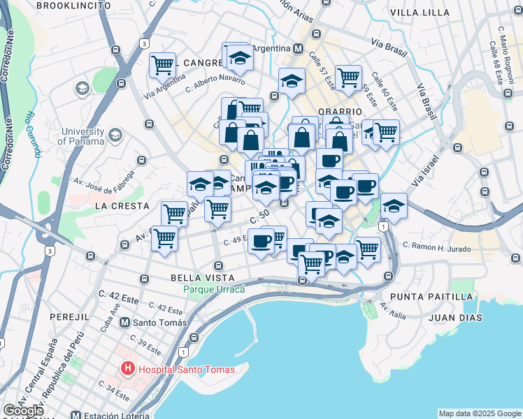 map of restaurants, bars, coffee shops, grocery stores, and more near Calle 50 in Panamá