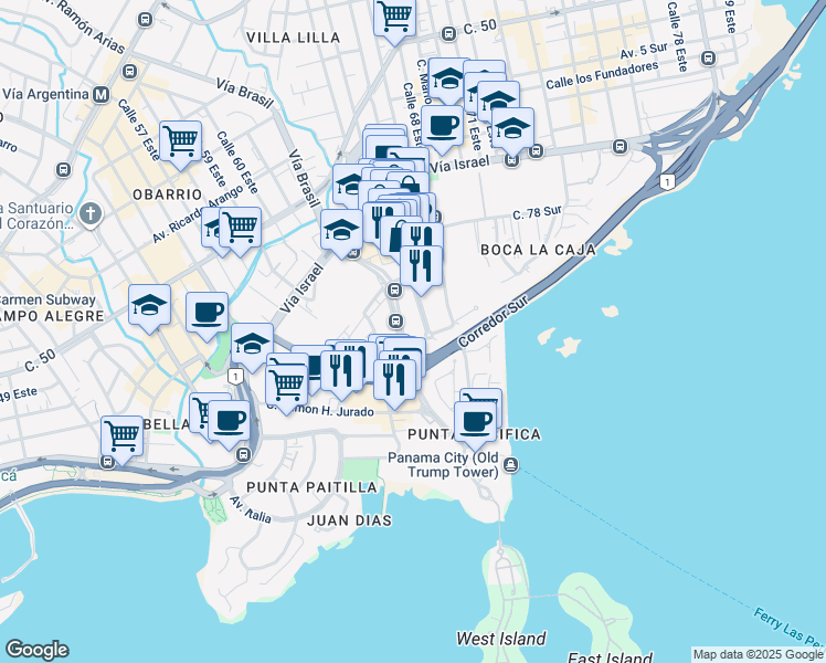 map of restaurants, bars, coffee shops, grocery stores, and more near 26 Calle 56 D Este in Panamá