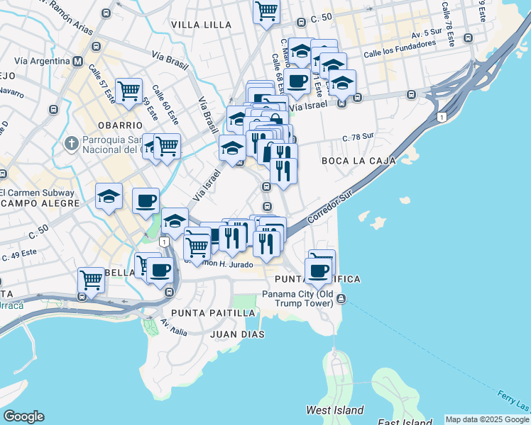 map of restaurants, bars, coffee shops, grocery stores, and more near 26 Calle 56 D Este in Panamá