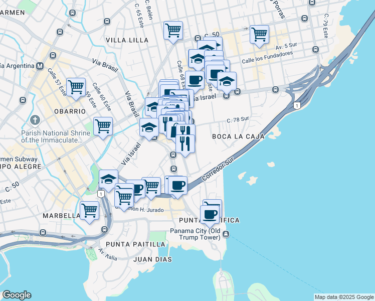 map of restaurants, bars, coffee shops, grocery stores, and more near Calle 56 D Este in Panama
