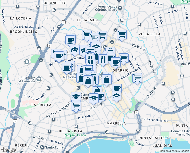 map of restaurants, bars, coffee shops, grocery stores, and more near in Panama City