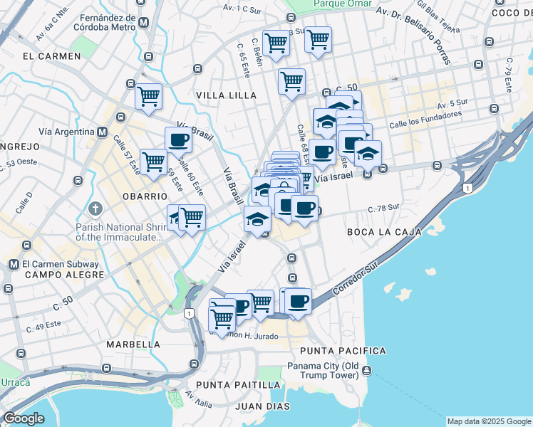 map of restaurants, bars, coffee shops, grocery stores, and more near Vía Israel in Panamá