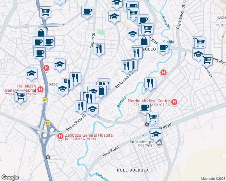 map of restaurants, bars, coffee shops, grocery stores, and more near Ethio China St in Addis Ababa