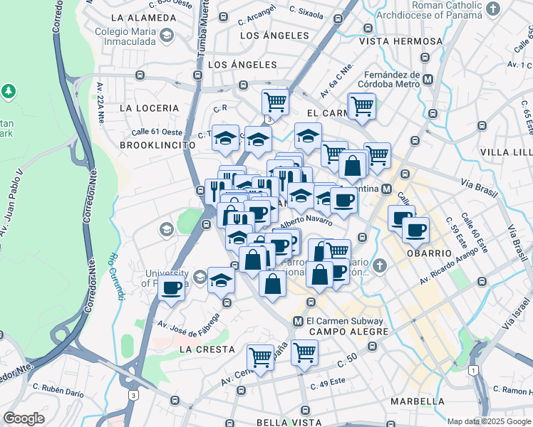map of restaurants, bars, coffee shops, grocery stores, and more near  in Panama City