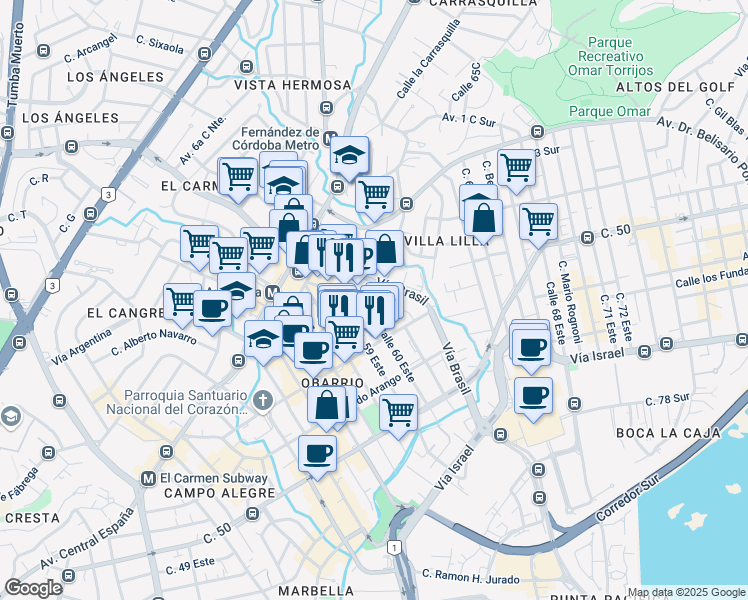 map of restaurants, bars, coffee shops, grocery stores, and more near Calle Abel Bravo in Panamá