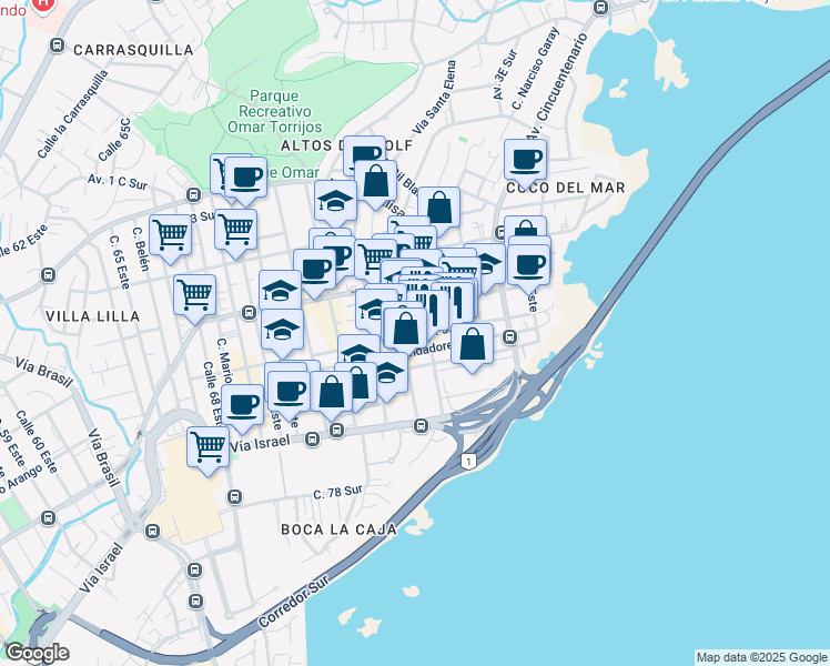 map of restaurants, bars, coffee shops, grocery stores, and more near 5 Avenida 5 Sur in Panamá