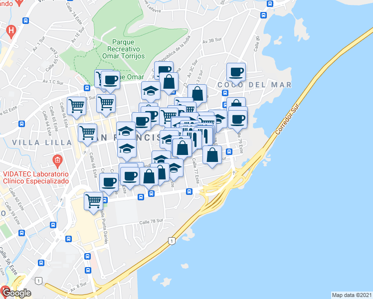 map of restaurants, bars, coffee shops, grocery stores, and more near 5 Avenida 5 Sur in Panamá