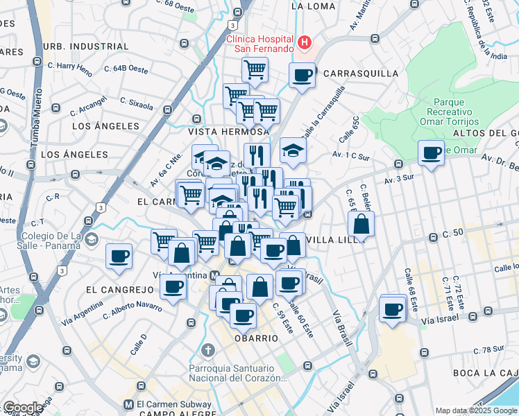 map of restaurants, bars, coffee shops, grocery stores, and more near 11 Vía España in Panamá