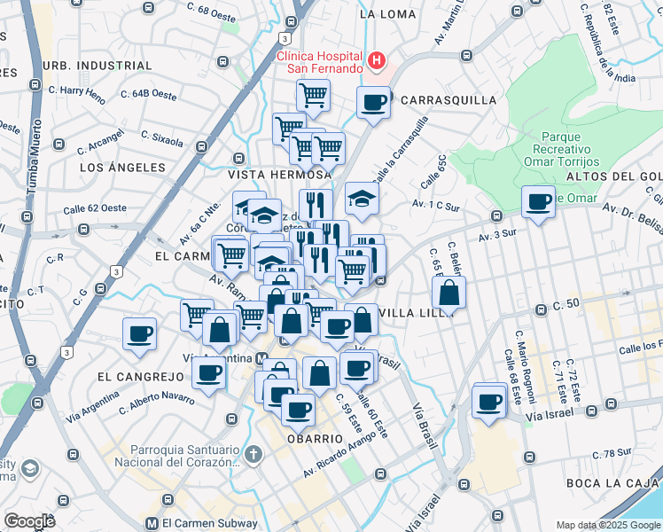 map of restaurants, bars, coffee shops, grocery stores, and more near 11 Vía España in Panamá