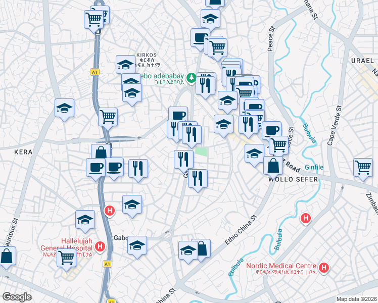 map of restaurants, bars, coffee shops, grocery stores, and more near Gabon Street in Addis Ababa