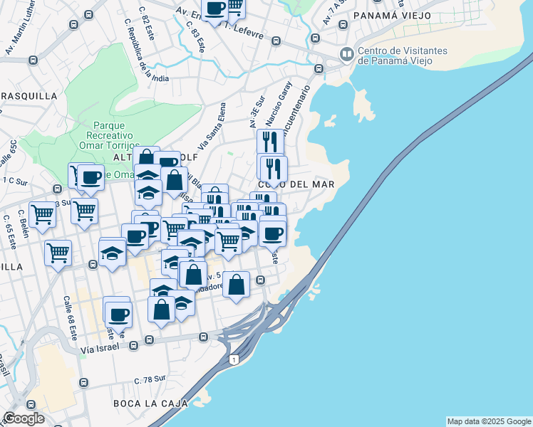 map of restaurants, bars, coffee shops, grocery stores, and more near Calle Andres Mojica in Panama City