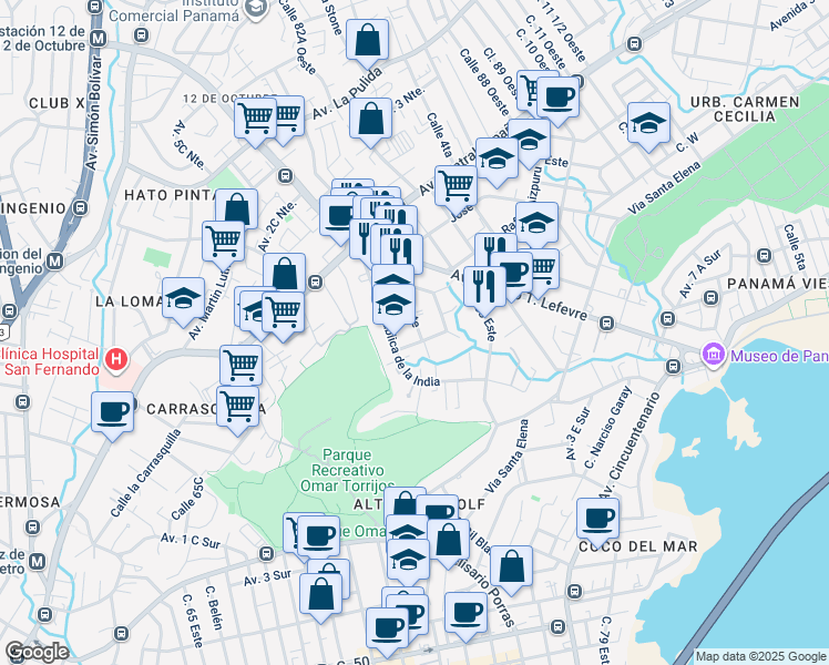 map of restaurants, bars, coffee shops, grocery stores, and more near Calle 82 Este in Panamá