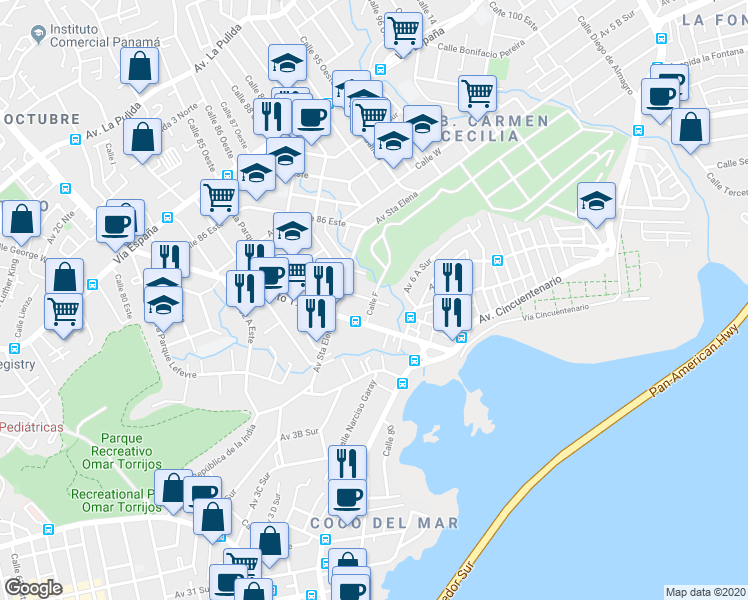 map of restaurants, bars, coffee shops, grocery stores, and more near Calle 85 B Este in Panamá
