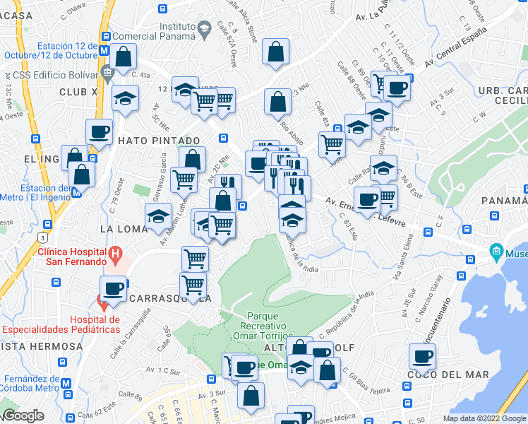 map of restaurants, bars, coffee shops, grocery stores, and more near Calle 80 Este in Panama City