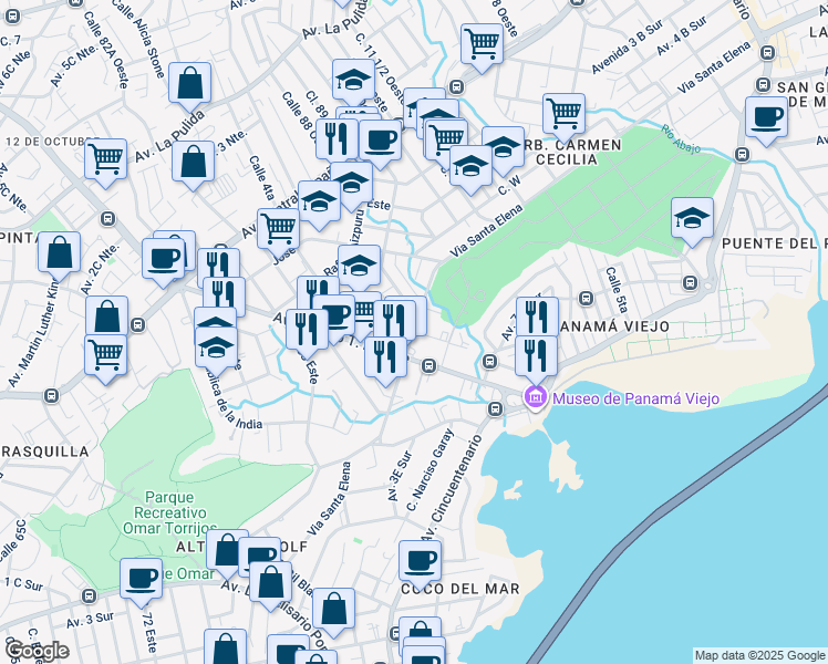 map of restaurants, bars, coffee shops, grocery stores, and more near Calle 85 B Este in Panamá