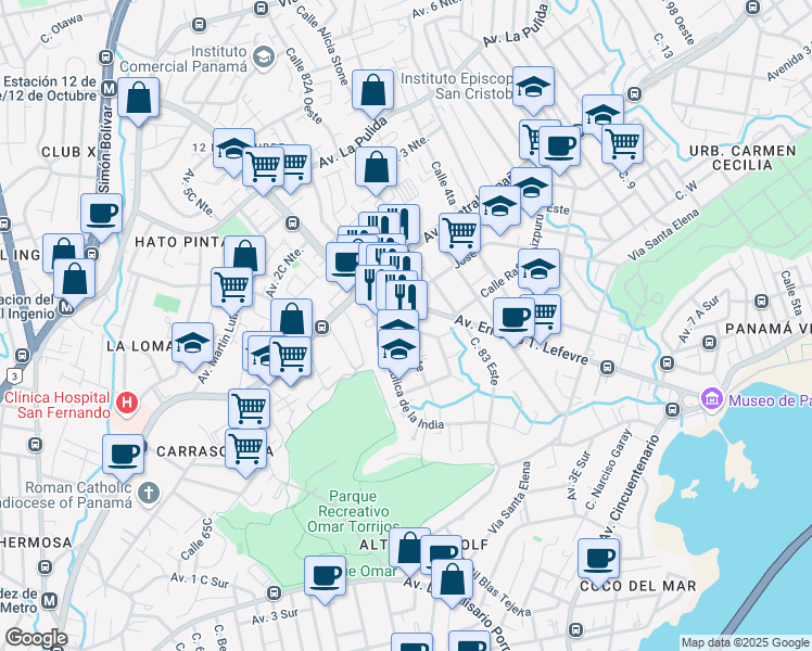 map of restaurants, bars, coffee shops, grocery stores, and more near Calle 82 Este in Panamá